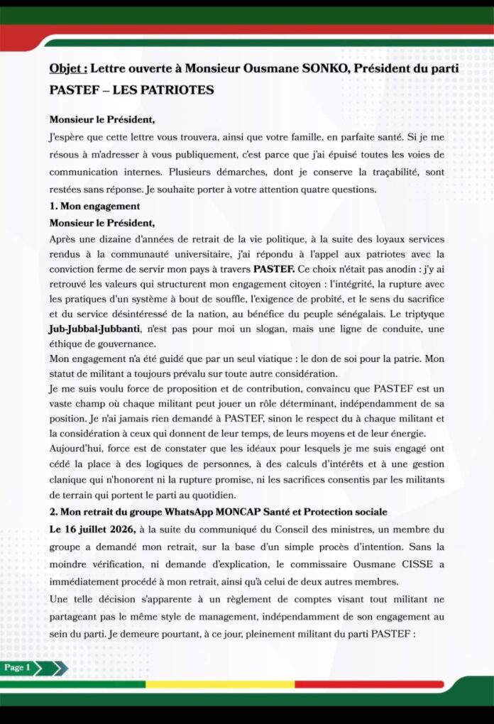 lettre ouverte de demission DG Dantext Pastef 23 juillet 2026